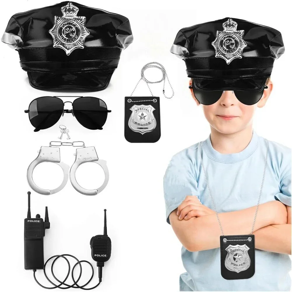 Police Costume Accessories Set Leather Cap Badge Sunglasses Handcuffs for Dress